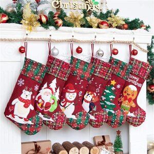6 Pack Christmas Stockings(21inch) Embroidered Linen Applique Burlap